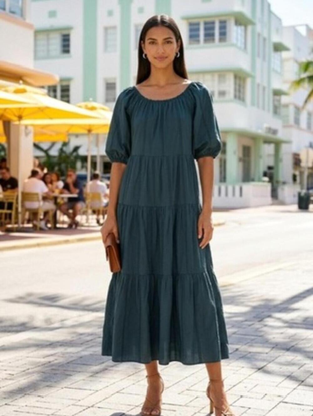 Universal Thread Puff Sleeve Tiered Maxi Dress Teal Cottagecore Womens Small